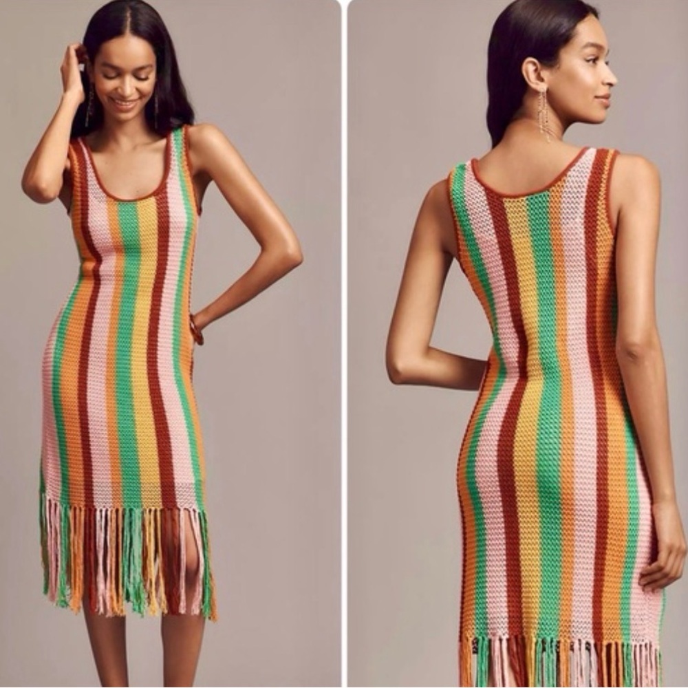 Farm Rio Striped Crochet Fringe Midi Dress in Retro Multicolor - medium